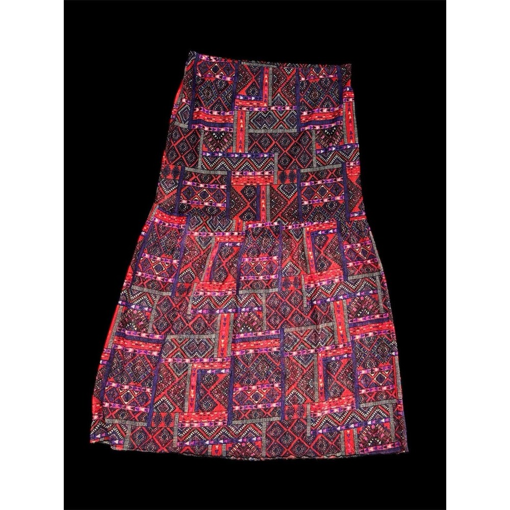 Vtg Y2K Boho tribal ethnic Geo Red Purple Mesh maxi skirt partially lined Sz. xl